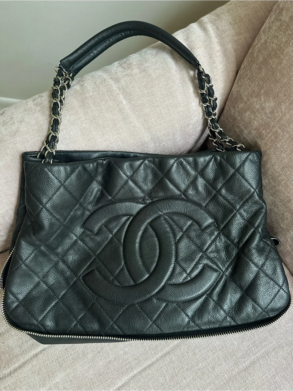 CHANEL Black Quilted Caviar Leather Timeless Expandable Tote Vintage Rare